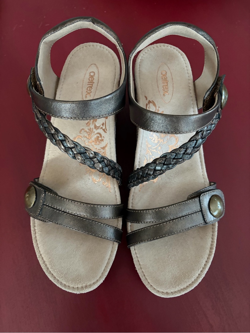 Aetrex Bronze Braided and Button-Strap Sandals